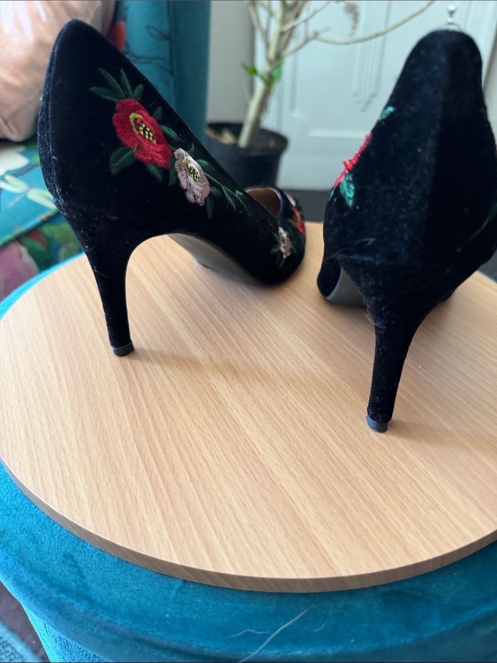 a new day Black Velvet Pointed-Toe Pumps with Red and Pink Floral Embroidery - Picture 5 of 8